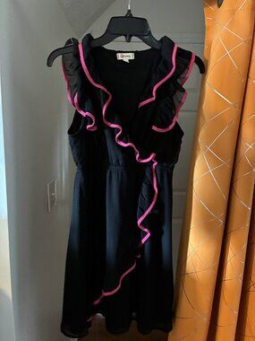 Black Ruffle Dress Pink Trim - Size Small